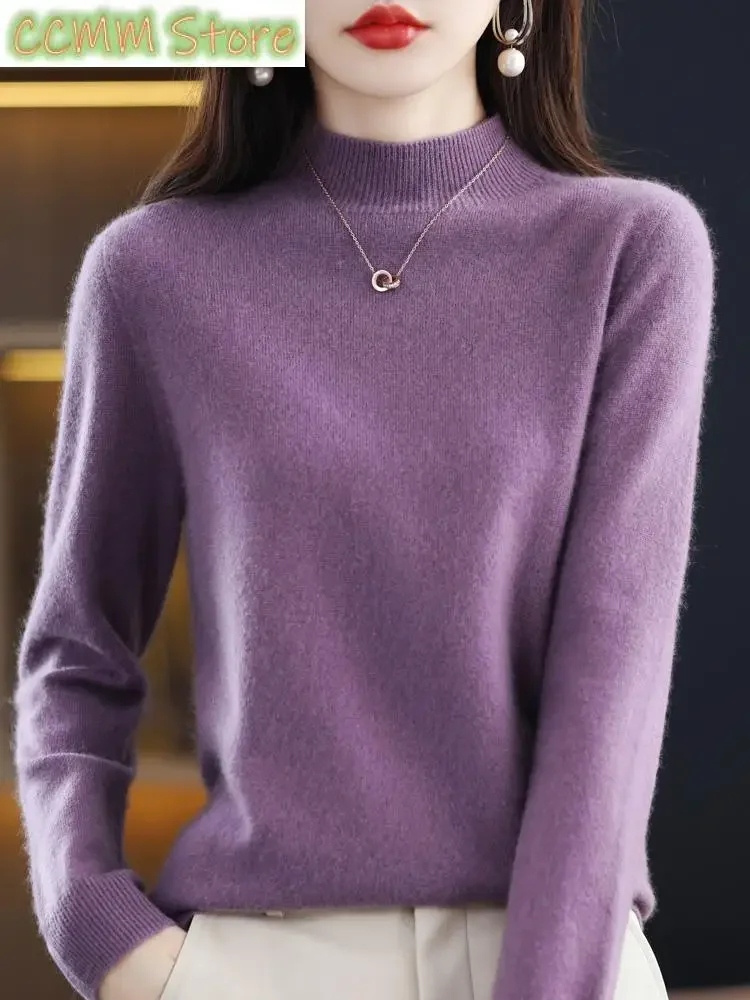 

Women's Mock-neck Pullover Merino Wool Sweater Autumn Winter Long Sleeve Basic Cashmere Knitwear Jumper Female Clothing