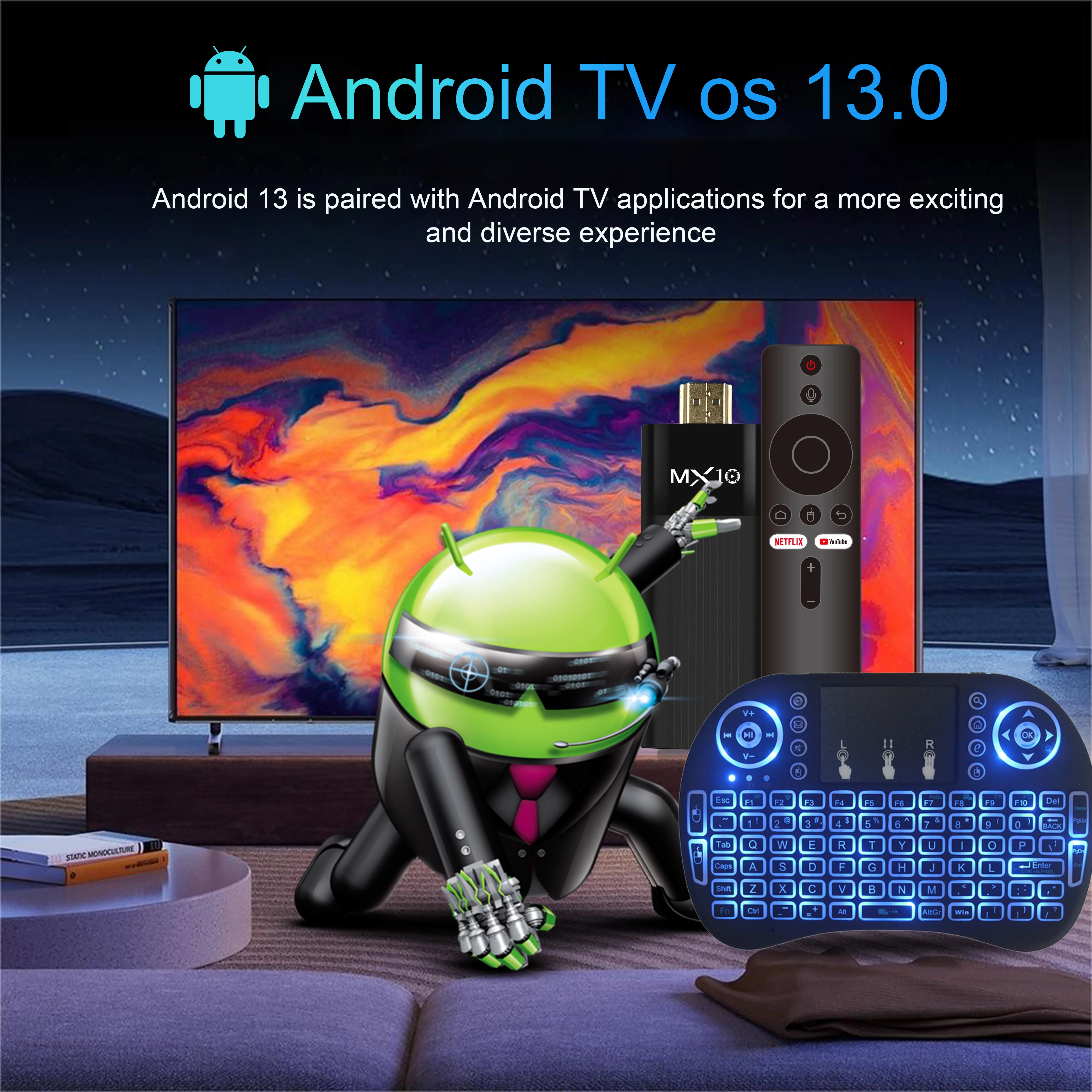 2.4G Air Mouse Remote & Fire TV Stick MX10 F3 Allwinner H313 Mali-G31 Android 13 2GB 16GB Mini Wireless Keyboard