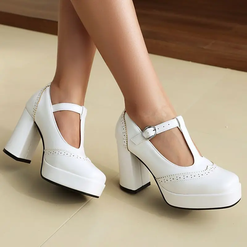 

SIMLOVEYO Классические женские туфли-лодочки Мэри Джейн с квадратным носком, массивный каблук 9 см, платформа 2 см, Т-образный ремешок, большие размеры 41–43, повседневная обувь коричневого цвета