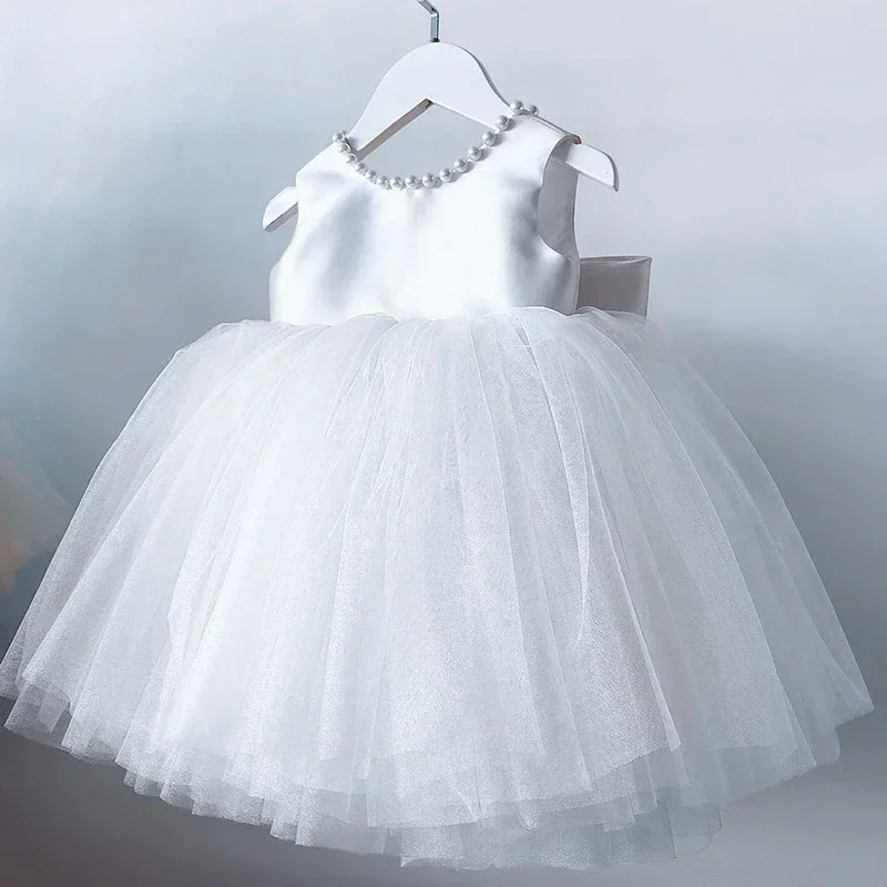 Baby Girl Dress for 1st Birthday Baptism Party Kids Backless Bow Cute Baby White Dress 1-5Y Toddler Beading Wedding Prom Vestido