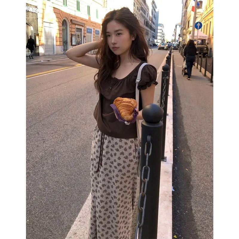 

Летняя плиссированная юбка Sweet Fre Dongdaemun 26 с цветочным принтом и завязками на талии, А-силуэт, миди, для девочек
