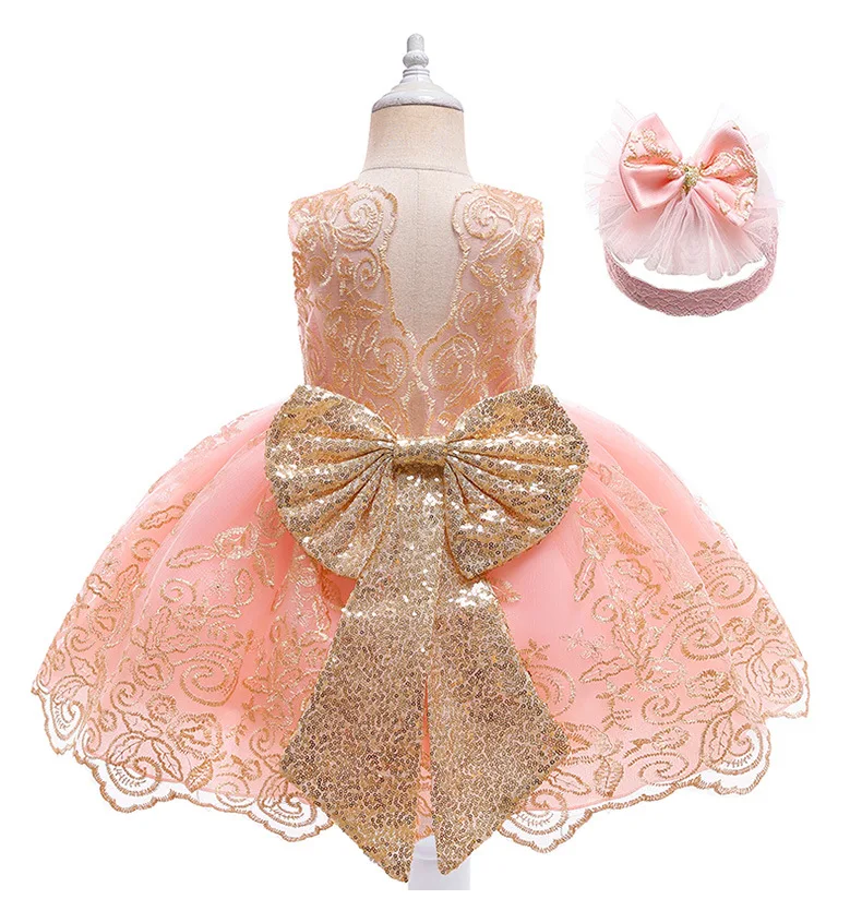 Baby lace patchwork bow princess dress, girl backless embroidered fluffy dress, carnival birthday party performance costume