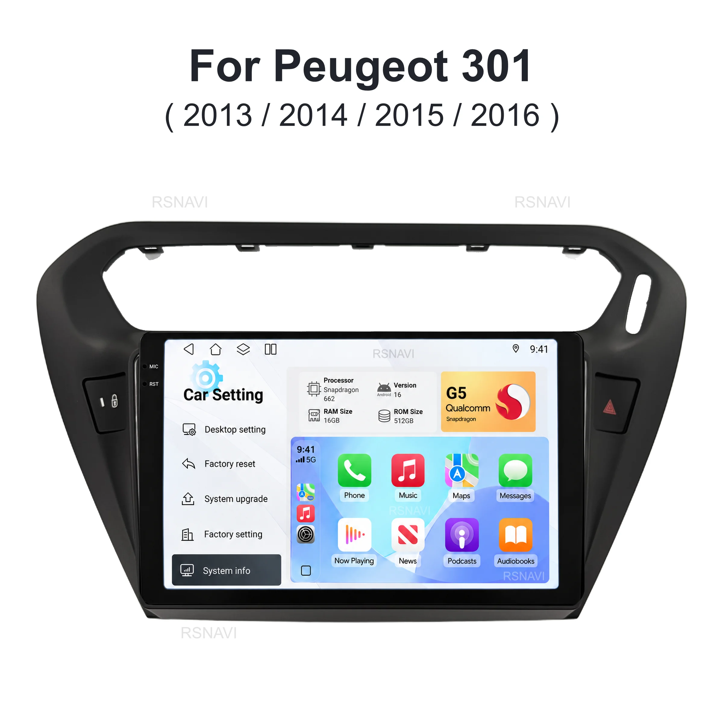 Qualcomm Android 16 Carplay Auto 2K Screen Car Radio Multimedia For Peugeot 301 C-Elysee CElysee 2012-2016 Snapdragon Stereo BT