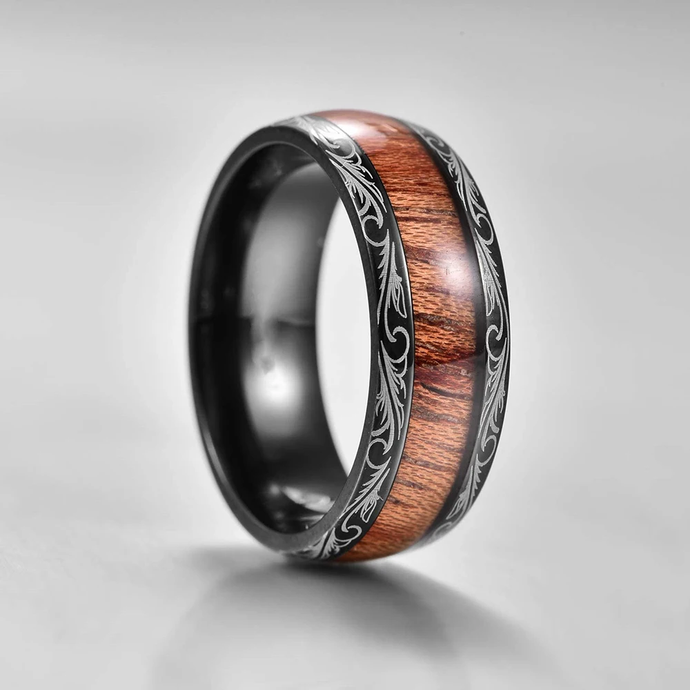 Luxury 8mm Koa Wood Inlay Tungsten Celtic Ring For Men Women Dome Polished Stainless Steel Engagement Ring Men Wedding Jewelry