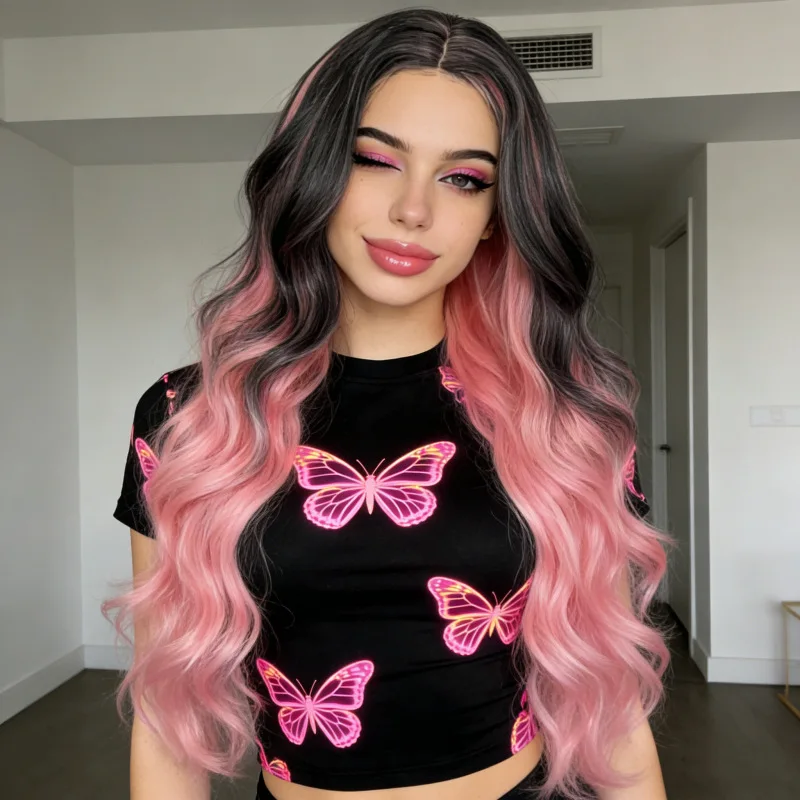 European and American style women's wig, pink and black gradient, large wavy long curly hair, synthetic fiber, realistic-looking