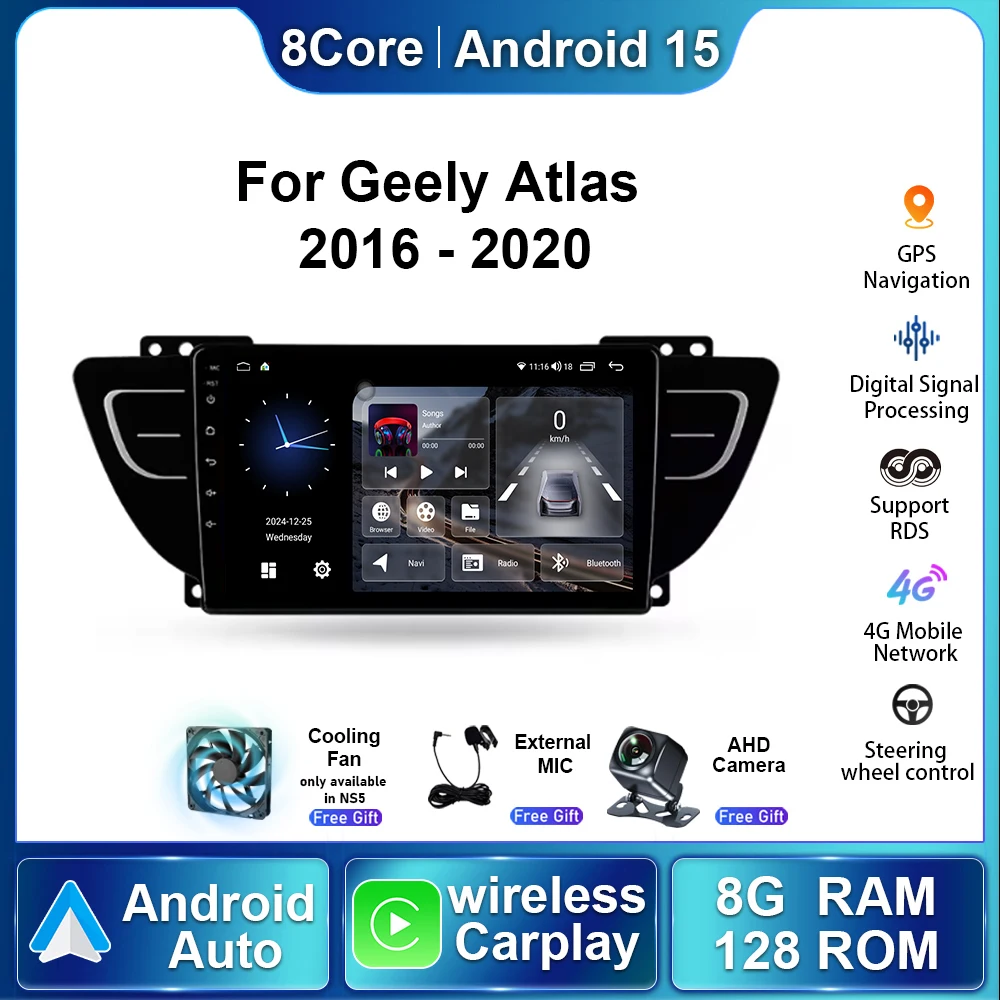 Wireless Carplay Car Radio For Geely Atlas 2016 - 2020 Android 15 Autoradio Multimedia Player Stereo Navigation GPS Stereo Audio