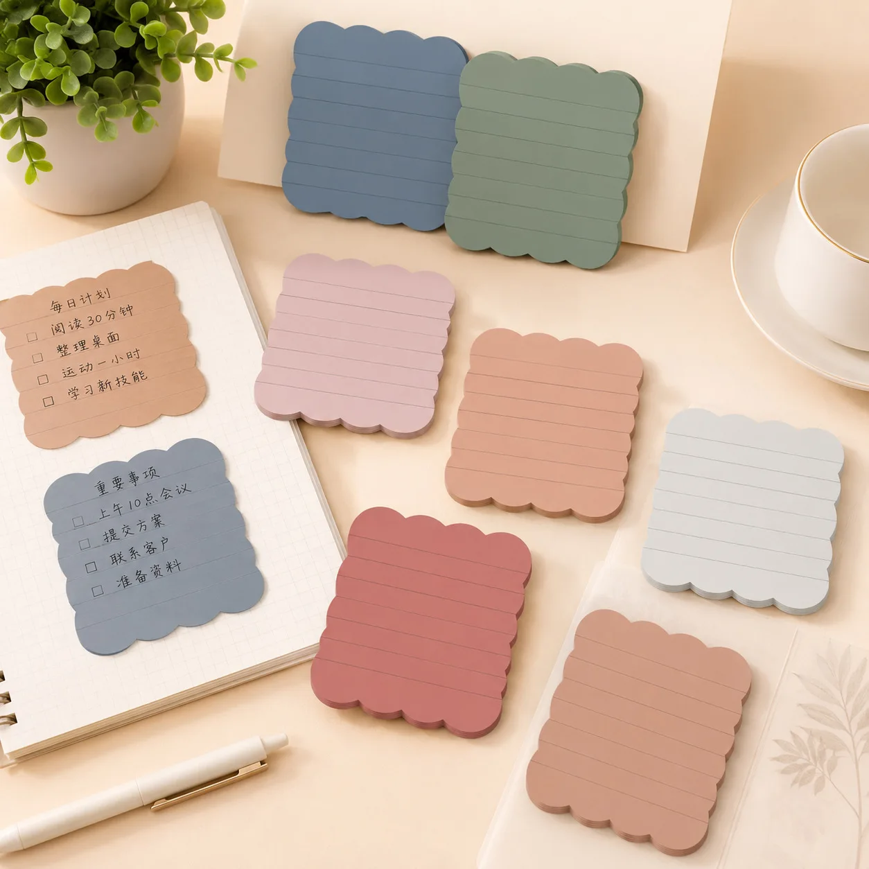 8pcs Morandi Lined Sticky Notes Wave Border Self-Adhesive Memo Pads Smooth Writing No Bleed for Student Office Journal