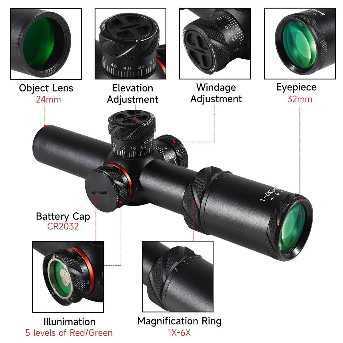 1-6X24IR Red Green Illuminated Reticle Rifle Scope with 30mm Tube Waterproof Fog-Proof Rugged Tactical Hunting Collimator Sight