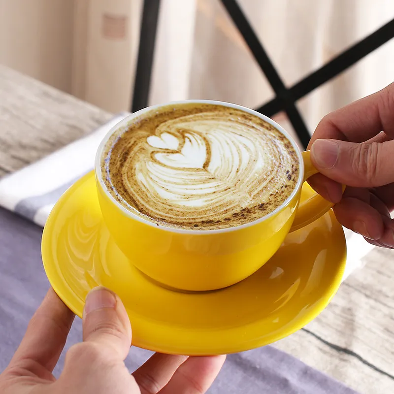 200ml European Macaron Wide Mouth Cappuccino Coffee Cup with Saucer Set Creative Minimalist Colored Glaze Espresso Milk Mug