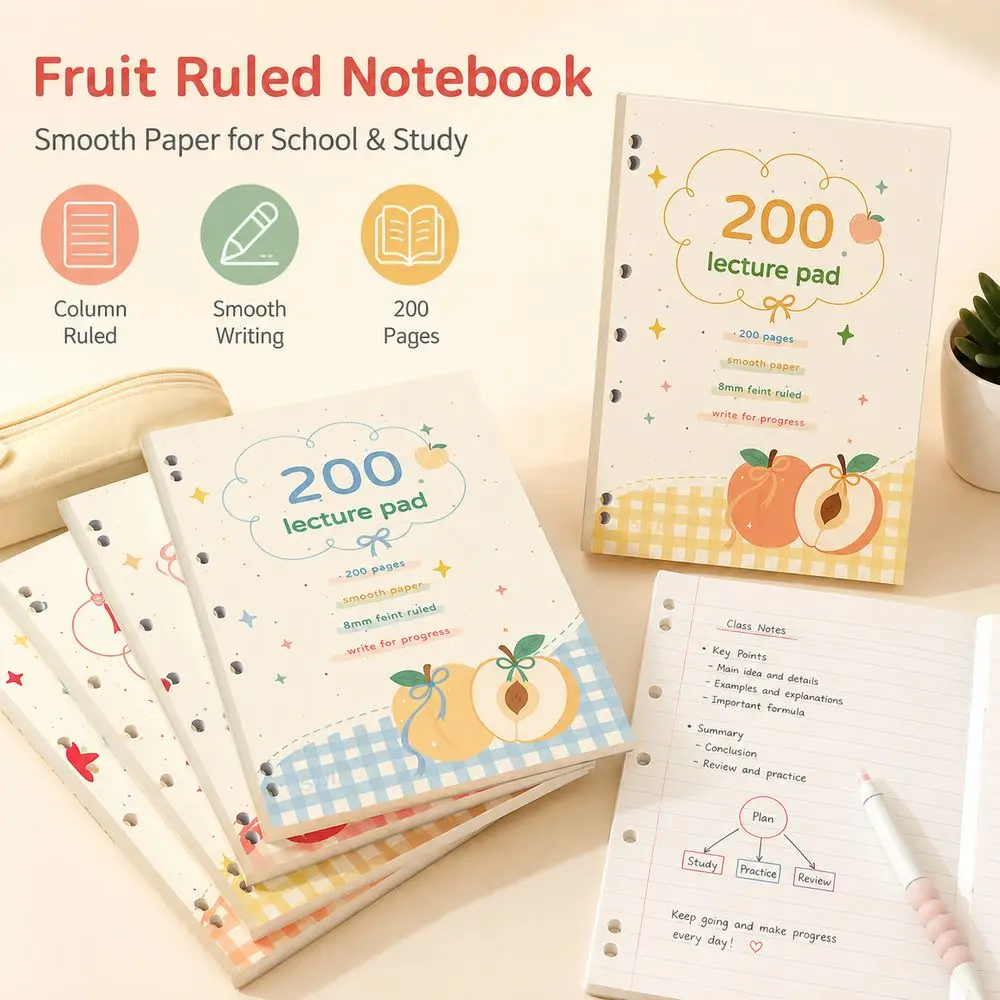 Gifts 200 Pages Fruit Notebook Cartoon Soft Cover Student Notebook Ruled Pages Smooth Paper Diary Draft Writing