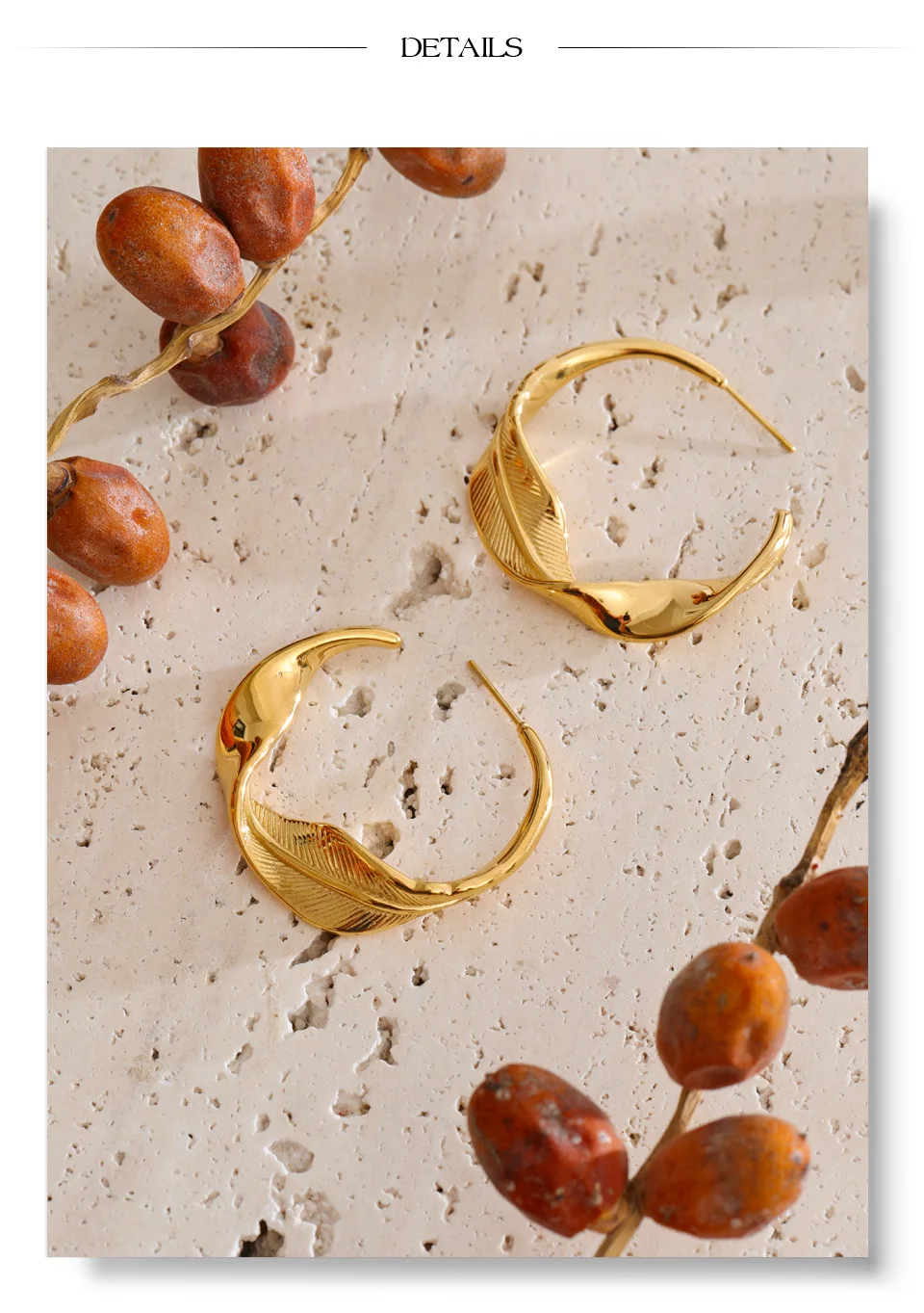 Yhpup Edelstahl-Blatt-Ohrringe mit gedrehtem Design, Wasserfest, PVD-Beschichtet, Charakteristischer Minimalistischer Schmuck im Großhandel – Detail 8