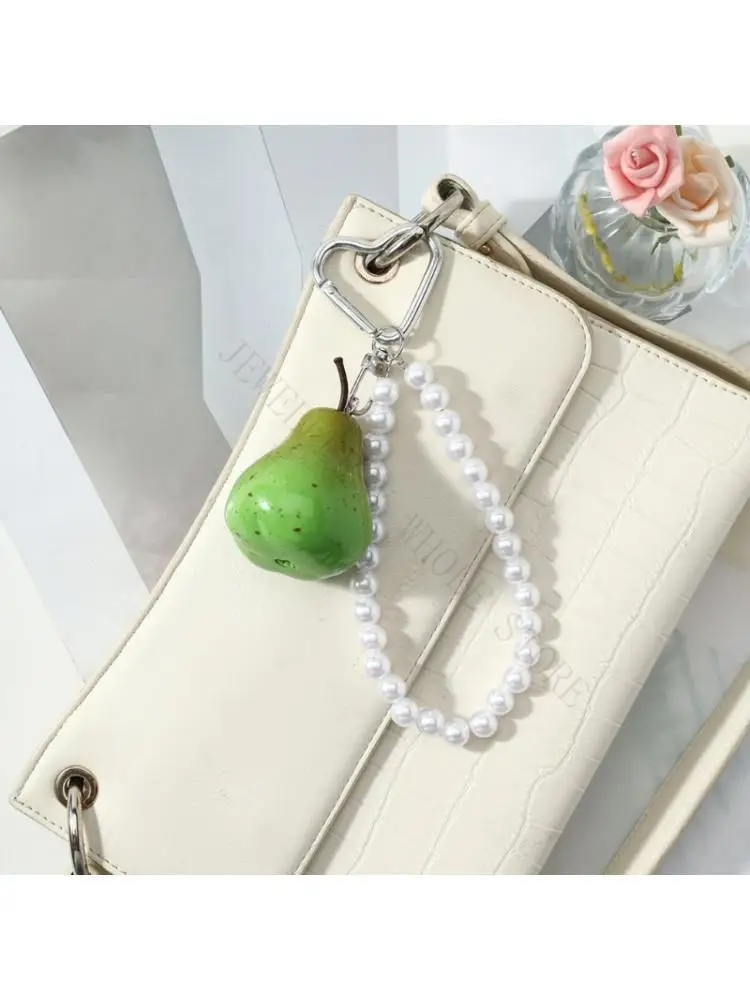 R7UF Pear Charm Keyring Accessory with Bead Loop and Decorative Hardware, Keychain Pendant for Small Bags, Keys and Purses