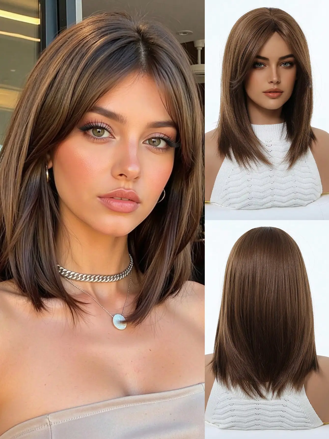 14-Inch Short Coffee Brown Synthetic Wig for Woman Middle Part Bob Wig for Girls Natural Looking Shoulder Length Heat Resistant Fiber Suitable for Halloween Daily Wear