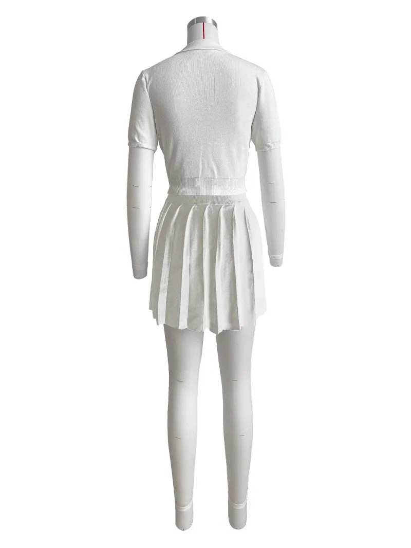 Mini jupe plissée à taille élastique pour femme, col polo boutonné, chemises à manches courtes, monochromatique, décontracté, imbibé, ensemble 2 pièces