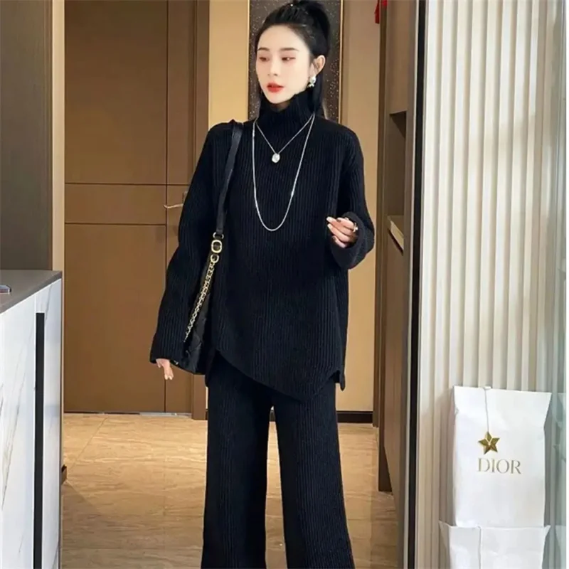 2023 Autumn Winter Women New Fashion Versatile Knitting Sets Female Sweater Loose and Warm Casual Wide Leg Pants Two Piece Set