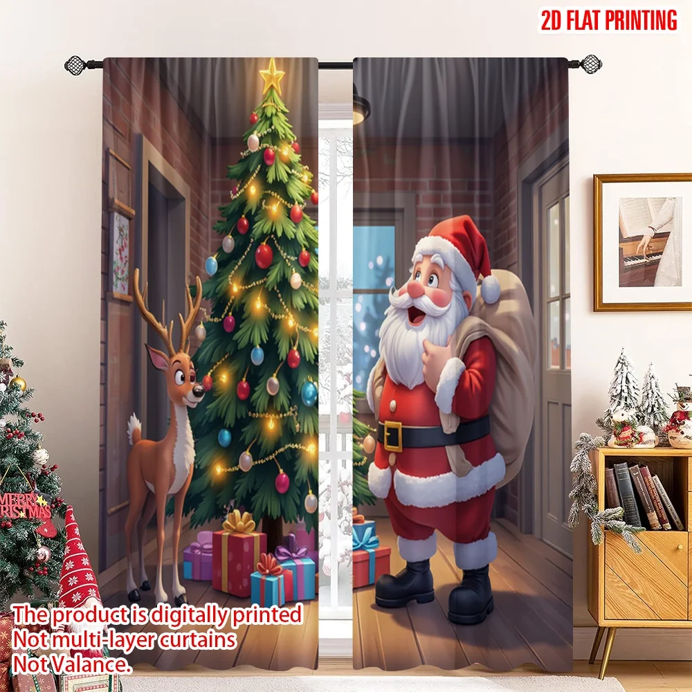 

2pcs 2D flat printing Merry Christmas Popular Party Window Curtains Santa Claus Reindeer Christmas Tree Polyester Without