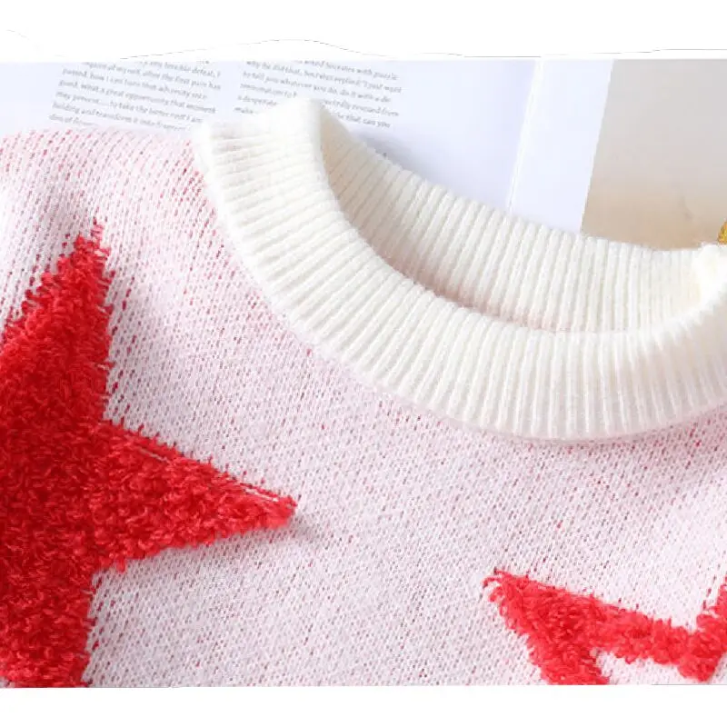 Men's White Pullover Star Design Round Neck Knitwear Soft Comfortable Oversized Autumn Winter Casual Pullover for Male