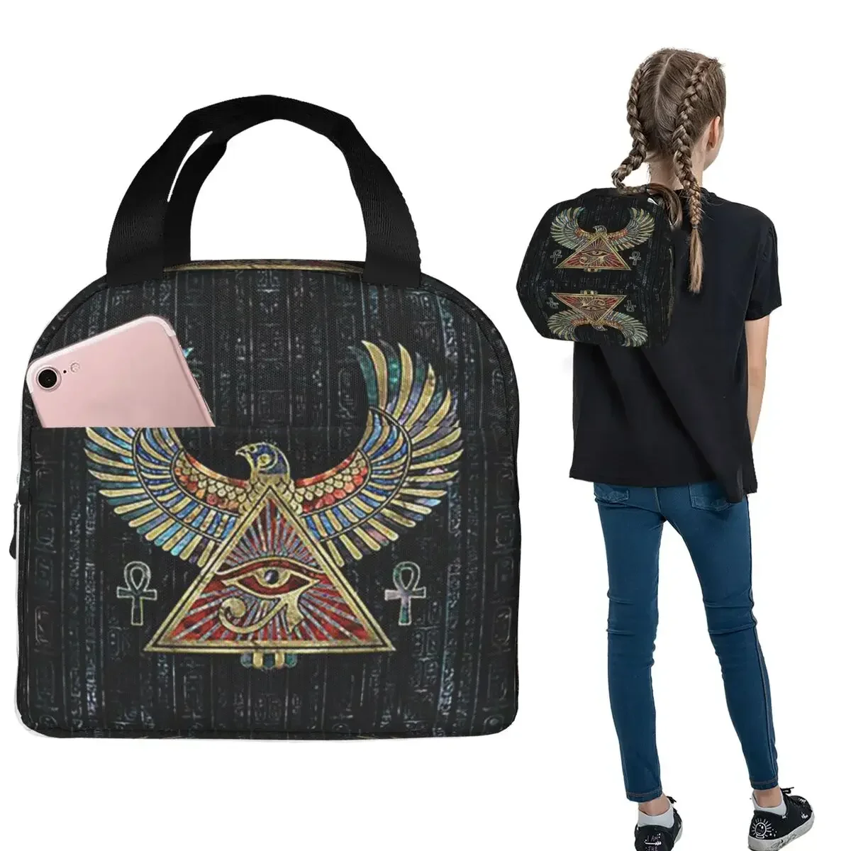 Eye Of Horus Wadjet Gemstone And Gold Insulated Lunch Bag for Women Children Portable Food Boxes Thermal Lunch Box Tote