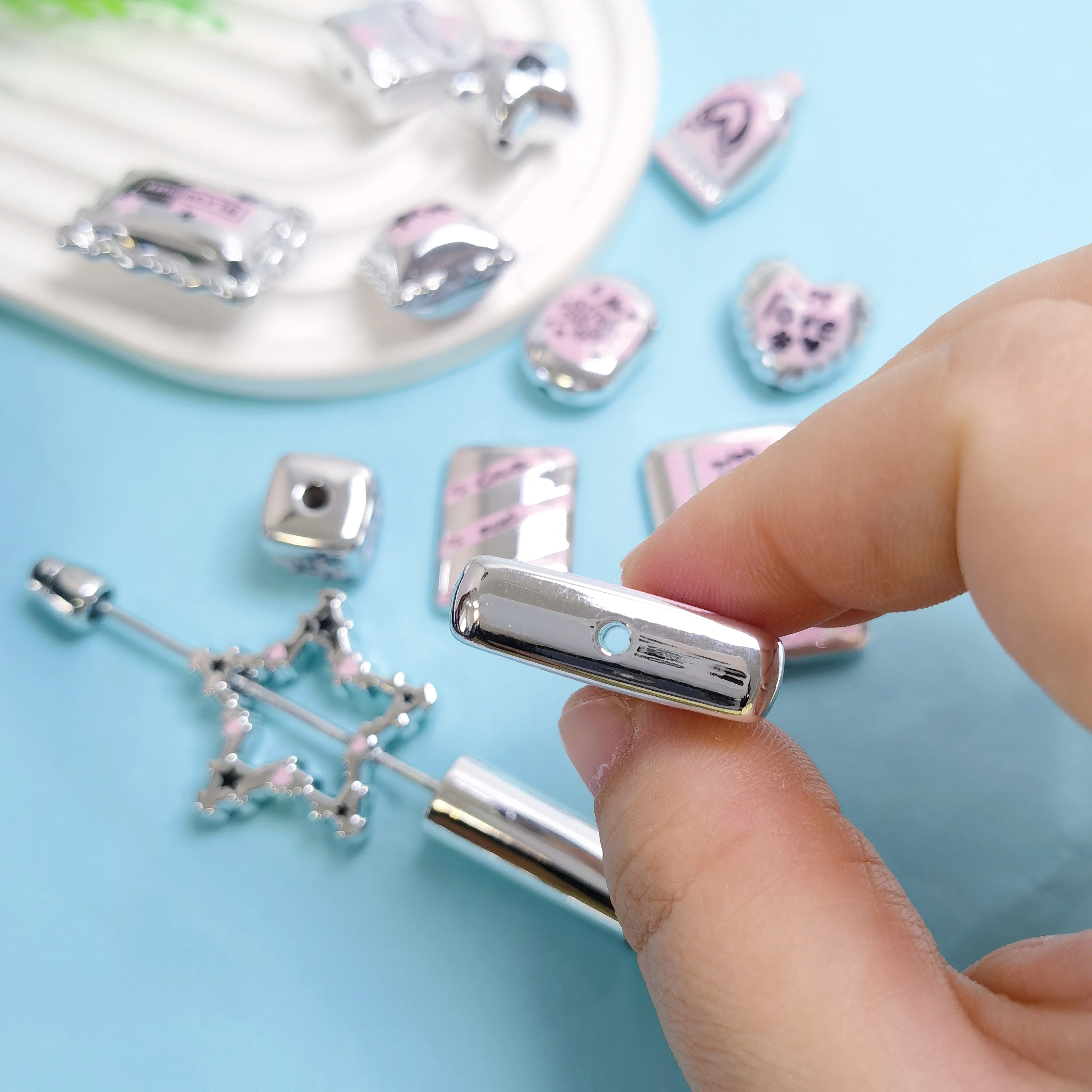 Acrylic Silver Plating Heart Stars Handbag Beads DIY Mobile Phone Chain Pen Loose Bead Accessories