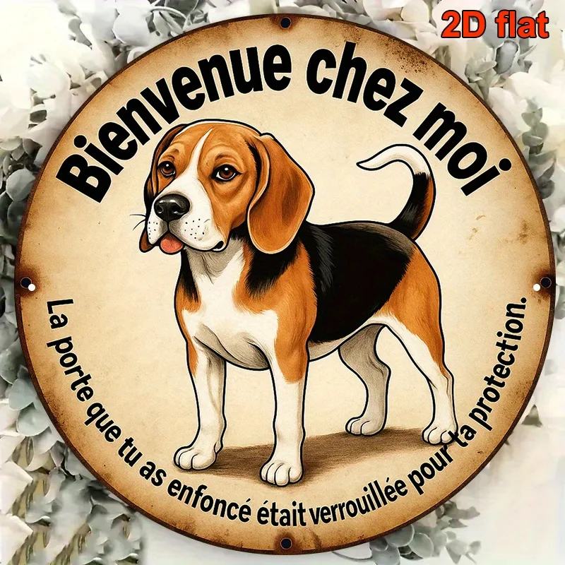 Round Aluminum Sign in French , Featuring a Vintage Plaque with The Phrase 'Welcome to My Home', Themed Around Beagle Dogs