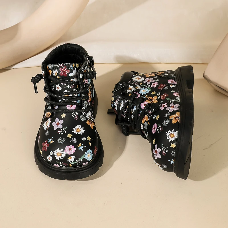 2024 New Autumn Baby Boots For Girls Leather Flower Ankle Boots Rubber Sole Zip Side Fashion Toddler Kids Boots 15-25