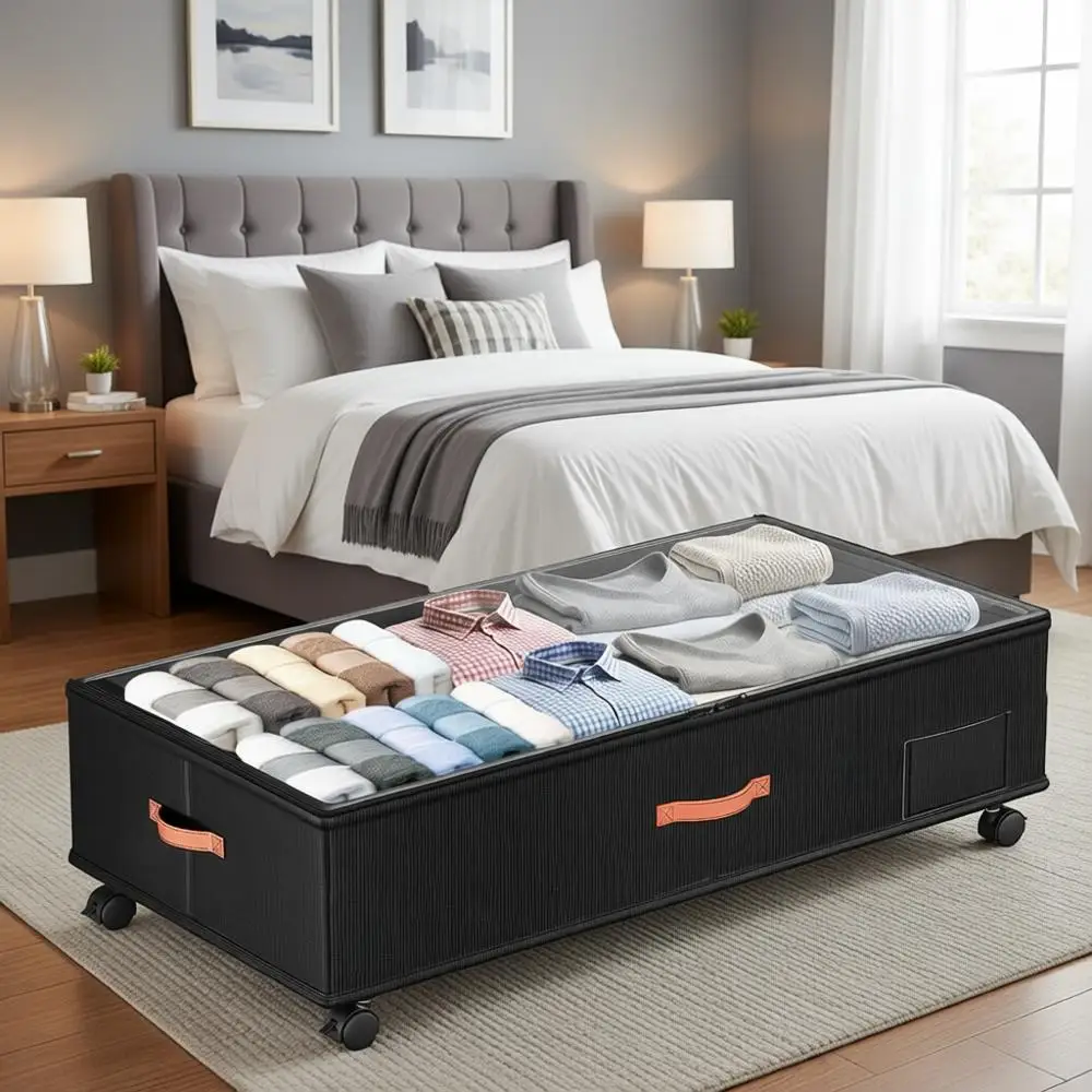 

Набор из двух контейнеров XXL для хранения под кроватью с прозрачными крышками, колесами и ручками для одежды, обуви, книг - черный