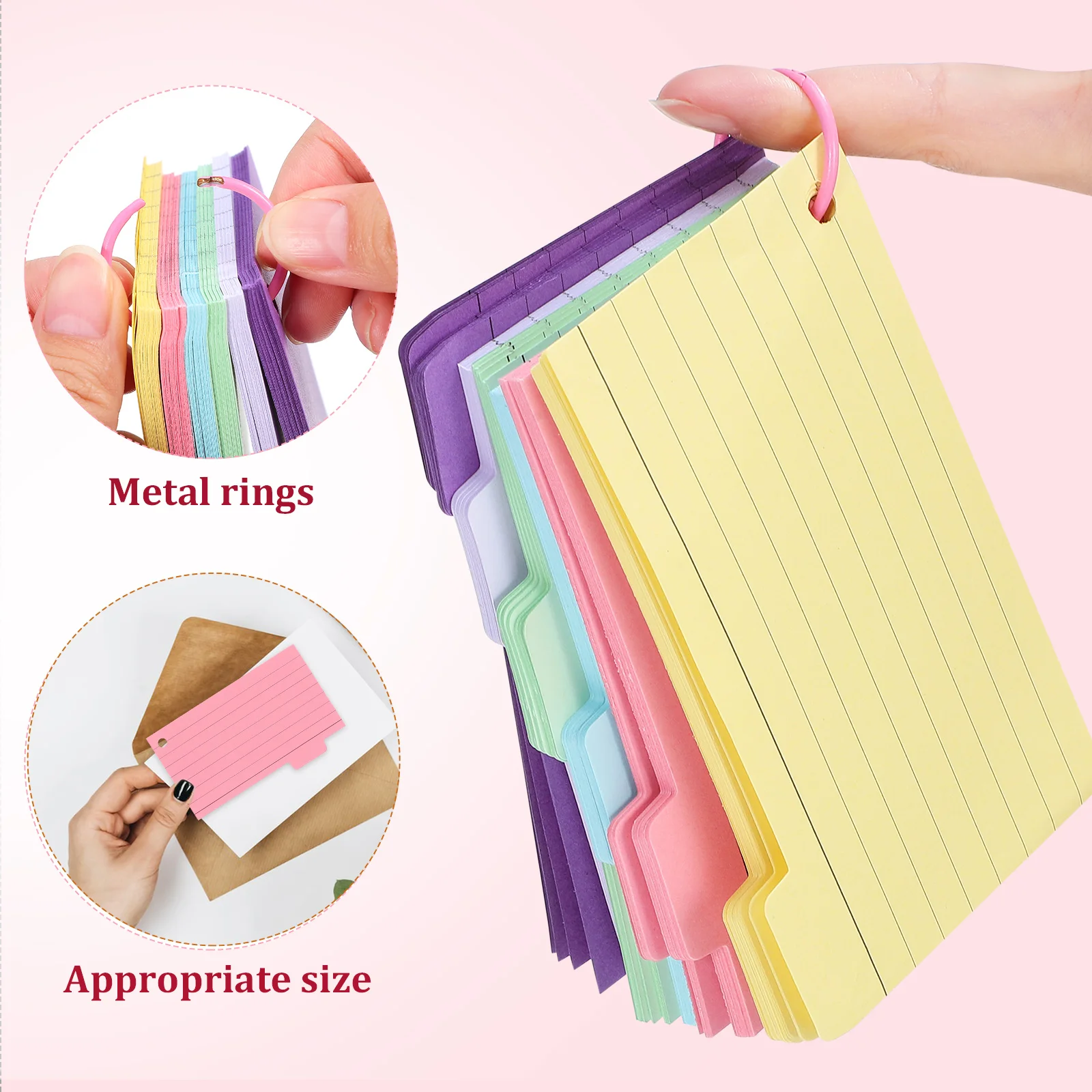 300 Sheets Ruled Index Cards with Tabs Color-Coded Flash Cards for Notes Studying Projects Pre-Punched Holes Metal Binder Rings
