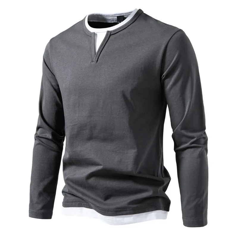 Autumn Clothing, New Double-layer V-neck Men's Long-sleeved T-shirt, Fashionable Men's Breathable Pure Cotton Crew Neck