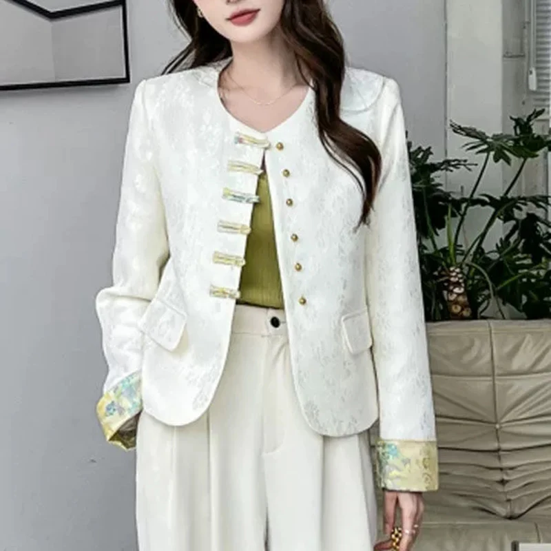 

Women's Short Jacket 2025 Spring Autumn Jacquard Chinese-style Coat Temperament Ladies Outerwear O-Neck Retro Casual Lady Tops