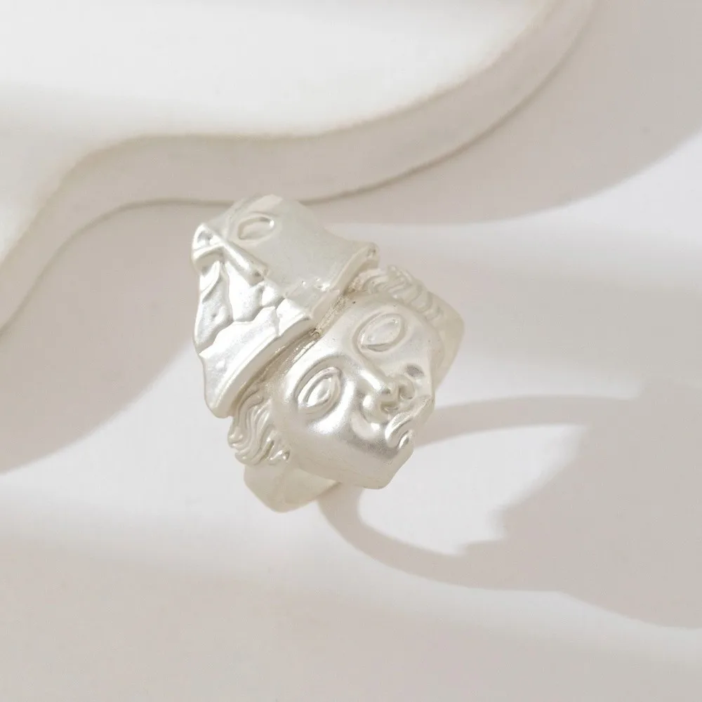 Unisex Unique Mystical Masked Face Ring Adjustable Metal Silver Color Open Rings David Sculpture Vintage Goth Style Ring Daily