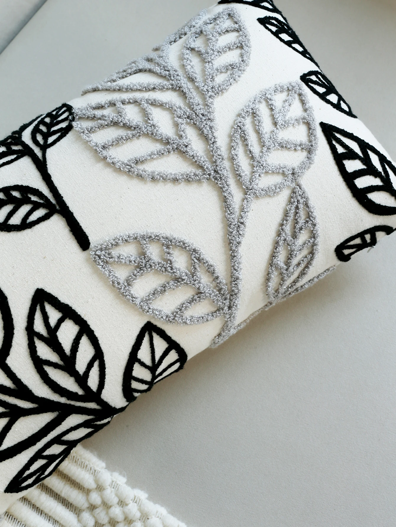 1pc, Black Grey Leaf Towel Embroidered Pillow Case, Velvet Cushion Cover Home Decor Art House Office Sofa Chair Decoration
