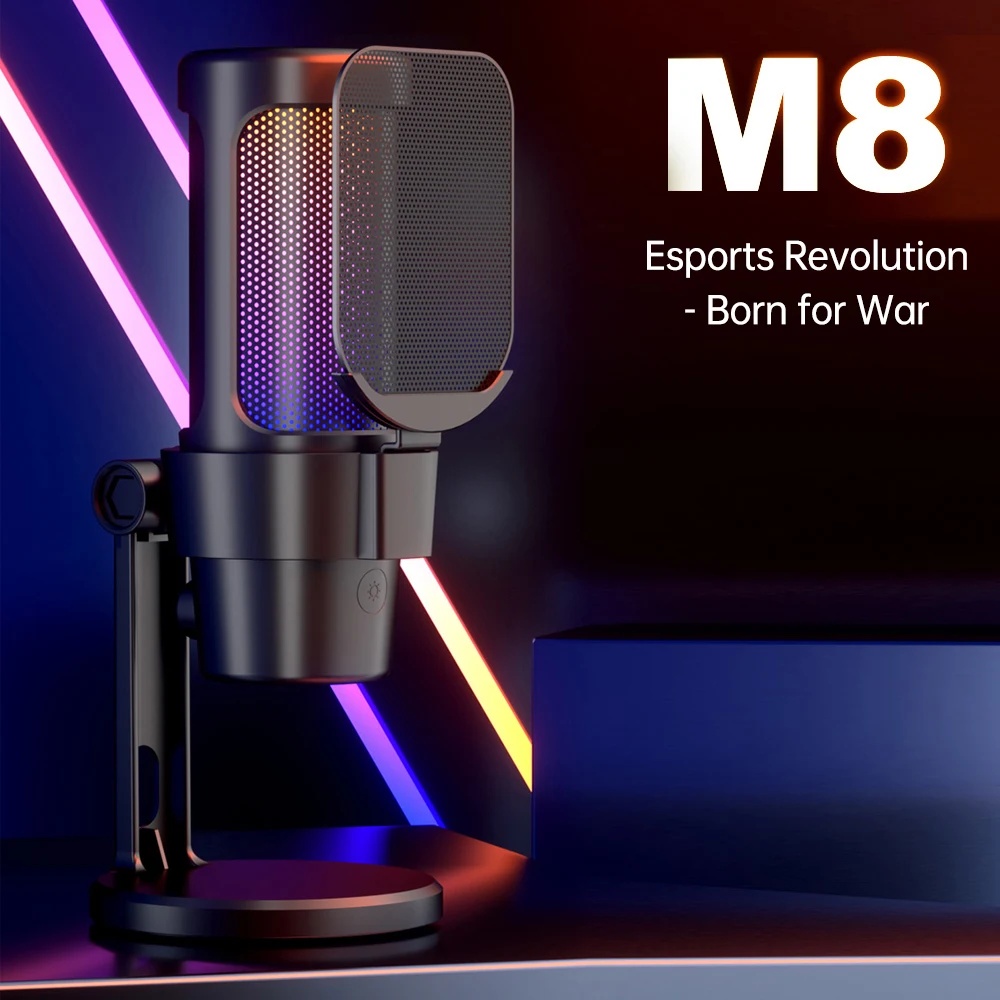 

M8 USB Gaming Microphone Computer Mic Kit RGB Lighting with Tripod Cardioid Mode Pick-up One Key to Mute and Gain Knob for Live