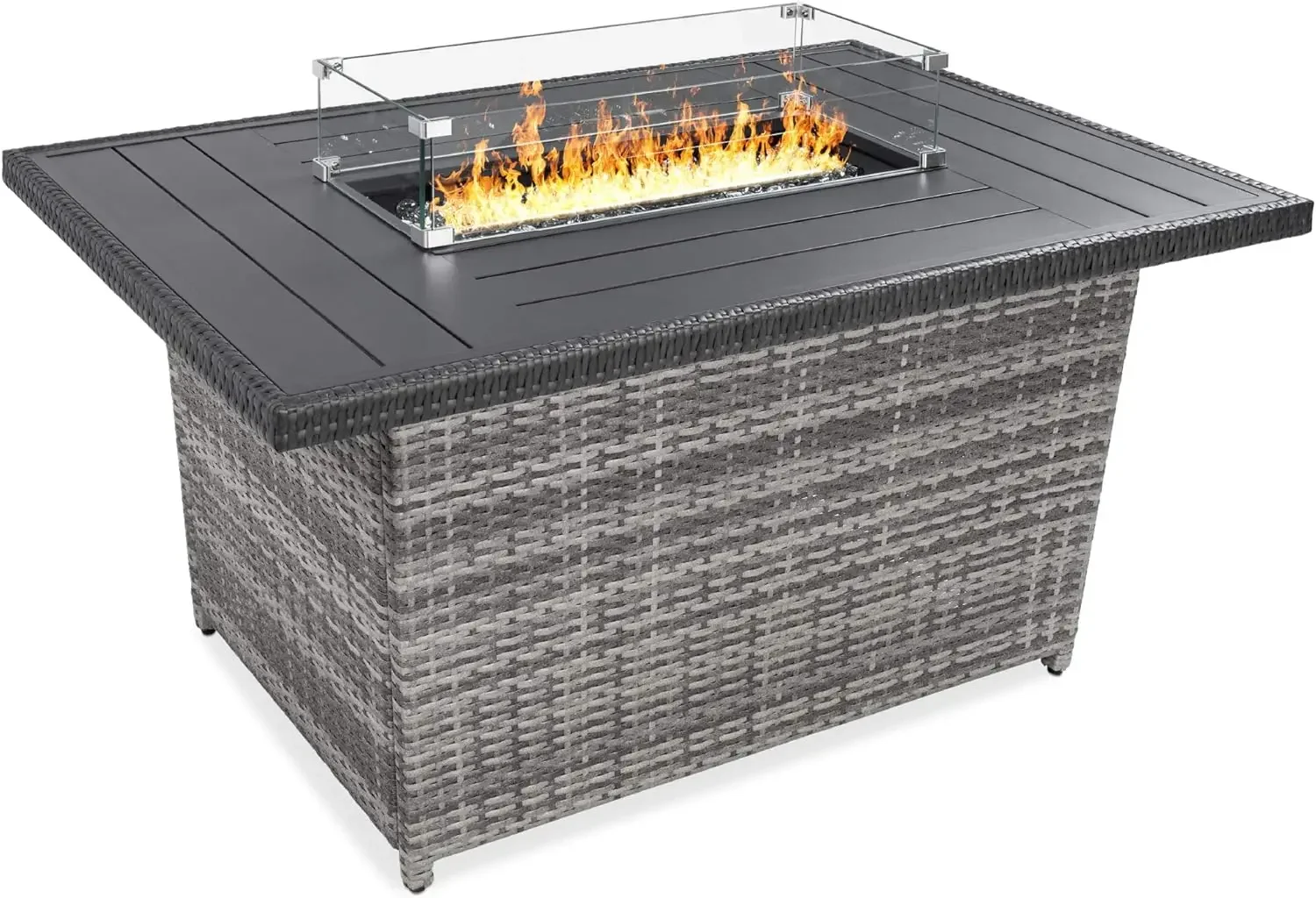 52in 50,000 BTU Outdoor Wicker Patio Propane Gas Fire Pit Table w/Aluminum Tabletop, Glass Wind Guard, Clear Glass Rocks, Cover