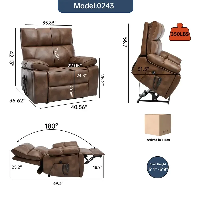 Electric Lifting Recliner Sofa Remote Control Massage Heating 180 Degree Riser Chair For Home Theater Comfortable Furniture
