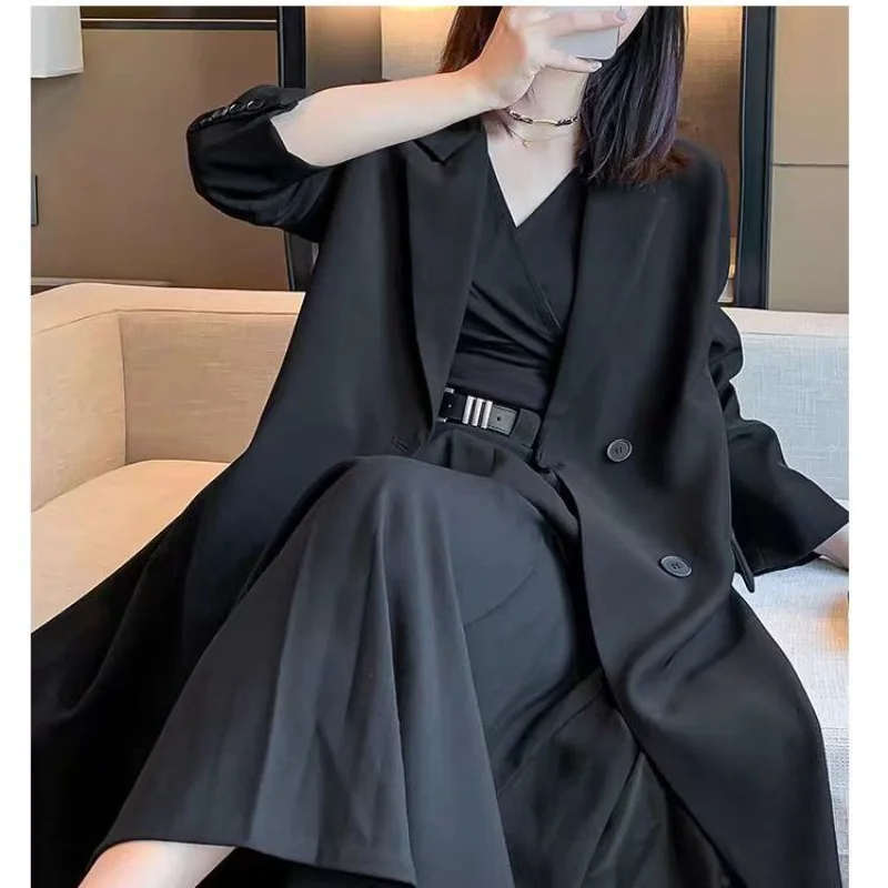 เสื้อแจ็คเก็ตสูทยาวสำหรับผู้หญิงในฤดูใบไม้ผลิและฤดูใบไม้ร่วง เสื้อกันลมทรงหลวมแบบกระดุมแถวเดียว เสื้อโค้ทลำลองคุณภาพสูง