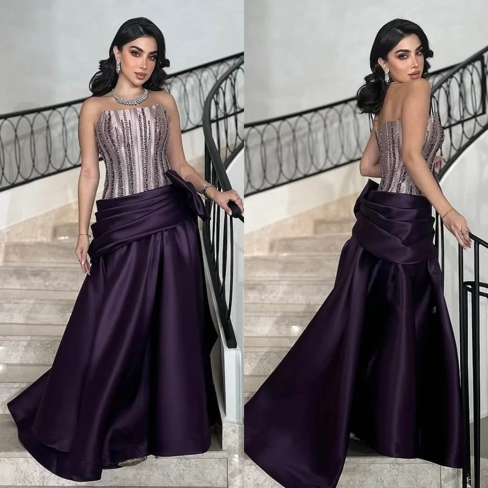 

Формальные шармезные плиссированные длинные платья трапециевидной формы без бретелек с бантом и блестками на заказ, вечерние модные платья унисекс