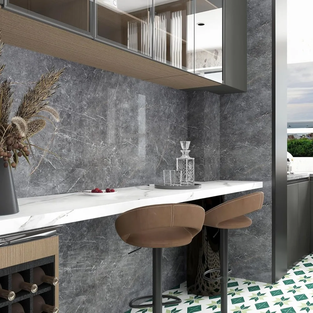 Grande papel de parede com efeito de granito de mármore cinza, 48x197 polegadas, autoadesivo à prova d'água para móveis e papel de contato