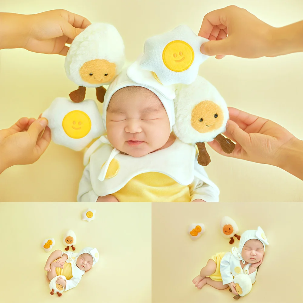 Professional Newborn Photography Props Cute Fried Egg Hat+romper Plush Egg Toys Studio Baby Growth Memory Photo Props Egg Theme