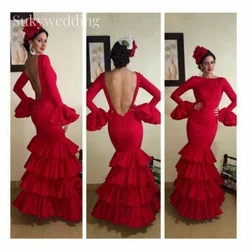 Red Mermaid Spanish Flamenco Prom Dresses with Long Flare Sleeves Backless Mesh Sexy Evening Formal Occasion Dresses Customized