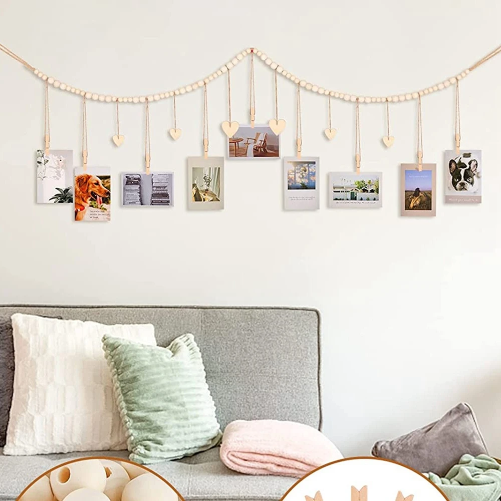 Wall Hanging Photo Display with Wooden Beads Garland Boho Christmas Picture Card Frame for Home Decor Living Room Bedroom 138cm