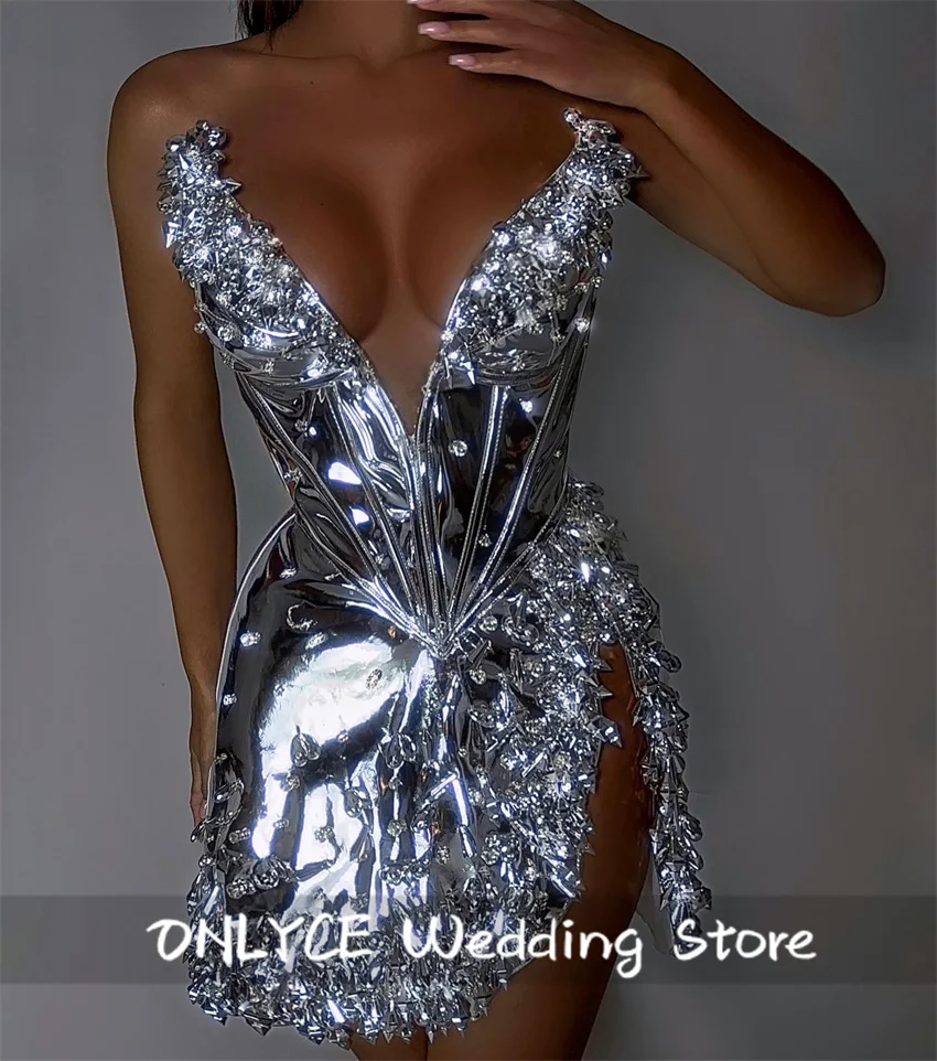 Sparkly Silver Sweetheart สั้นลูกปัดคริสตัล Rhinestones ค็อกเทลชุด Vestidos De Festa หนังชุดวันเกิดที่กําหนดเอง