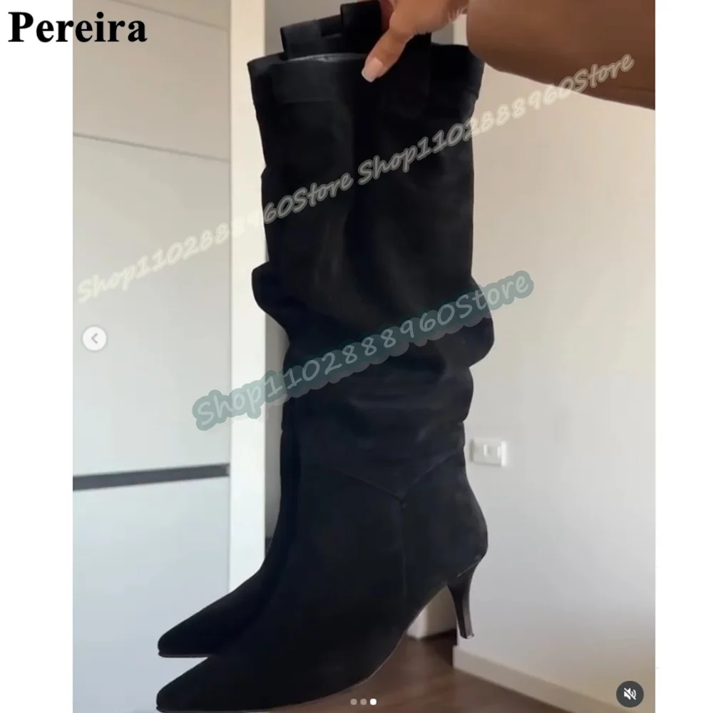 

Occidental Knee High Black Suede Pleated Pointy Boots Thin High Heel Shoes For Women Slip On Pointed Toe Sexy Zapatos Para Mujer