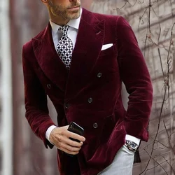 Mens Burgundy Double Breasted Velvet Blazer Elegant Coat Smoking Suit Jacket Fashion Dinner Coat 2024 In Stock