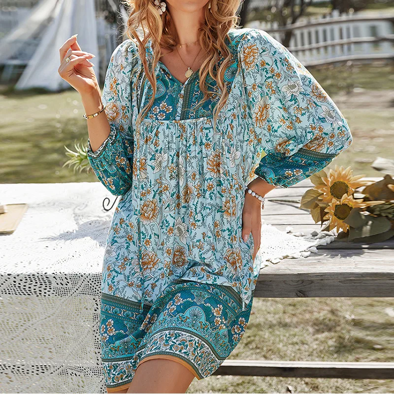 Mini abito estivo da donna Boho Sexy scollo a V manica corta stampato floreale vestito estivo da spiaggia Abiti casual eleganti vintage bohémien