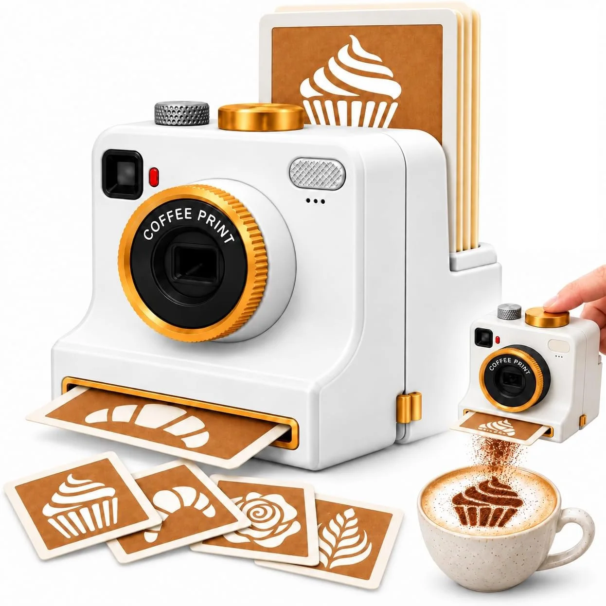 3D Printed Latte Art Camera Coffee Printer Machine for Latte Art and Coffee Stencil Machine with 4 Stencil Cards for Cappuccino