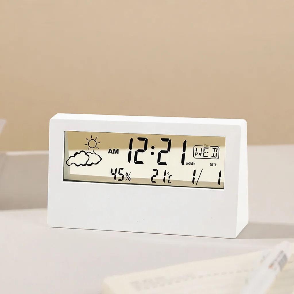 Minimalist LCD Digital Alarm Clock Large Screen Desk Clock Silent Operation Indoor Temperature Humidity Monitor Modern Decor