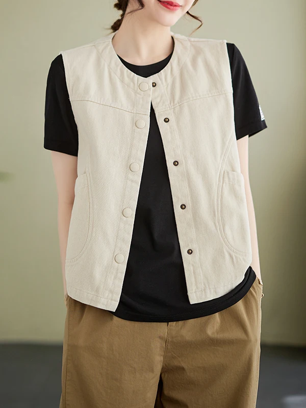 

Женская хлопково-льняная безрукавка с круглым вырезом, весна-осень, новая коллекция, однотонная, художественная, стройнящая, винтажная, модная