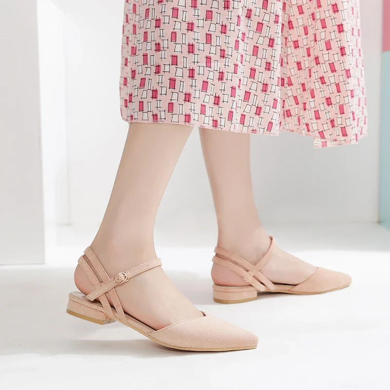 CEYANEAO Sweet Women Pointed Toe Low Heels Sandals Plus Size Flock Closed Toe Flat Sandal Fenty Pink Shoes Sandalias Mujer