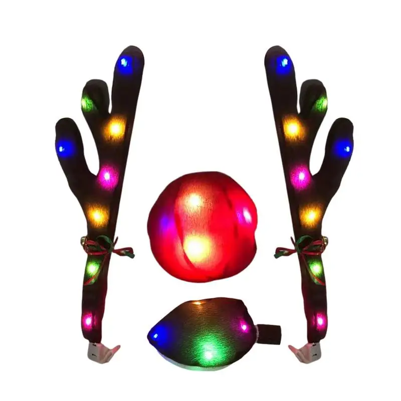 Reindeer Decoration Elk Antler Car Nose Horn Costume Decor Set Rudolph LED Christmas Reindeer Antlers Red Nose Ornaments