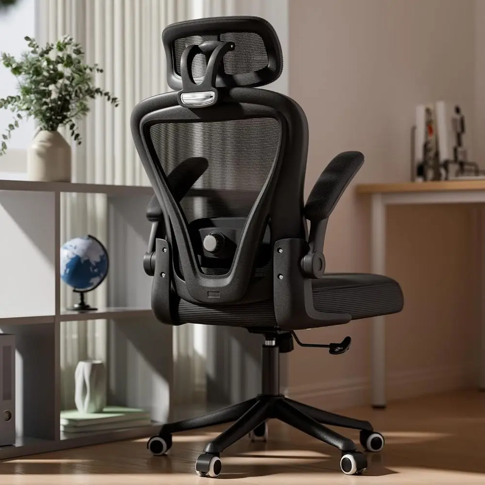 

High-Back Mesh Office Chair with Adjustable Lumbar Support, Swivel Wheels, and Flip-Up Armrests, Black